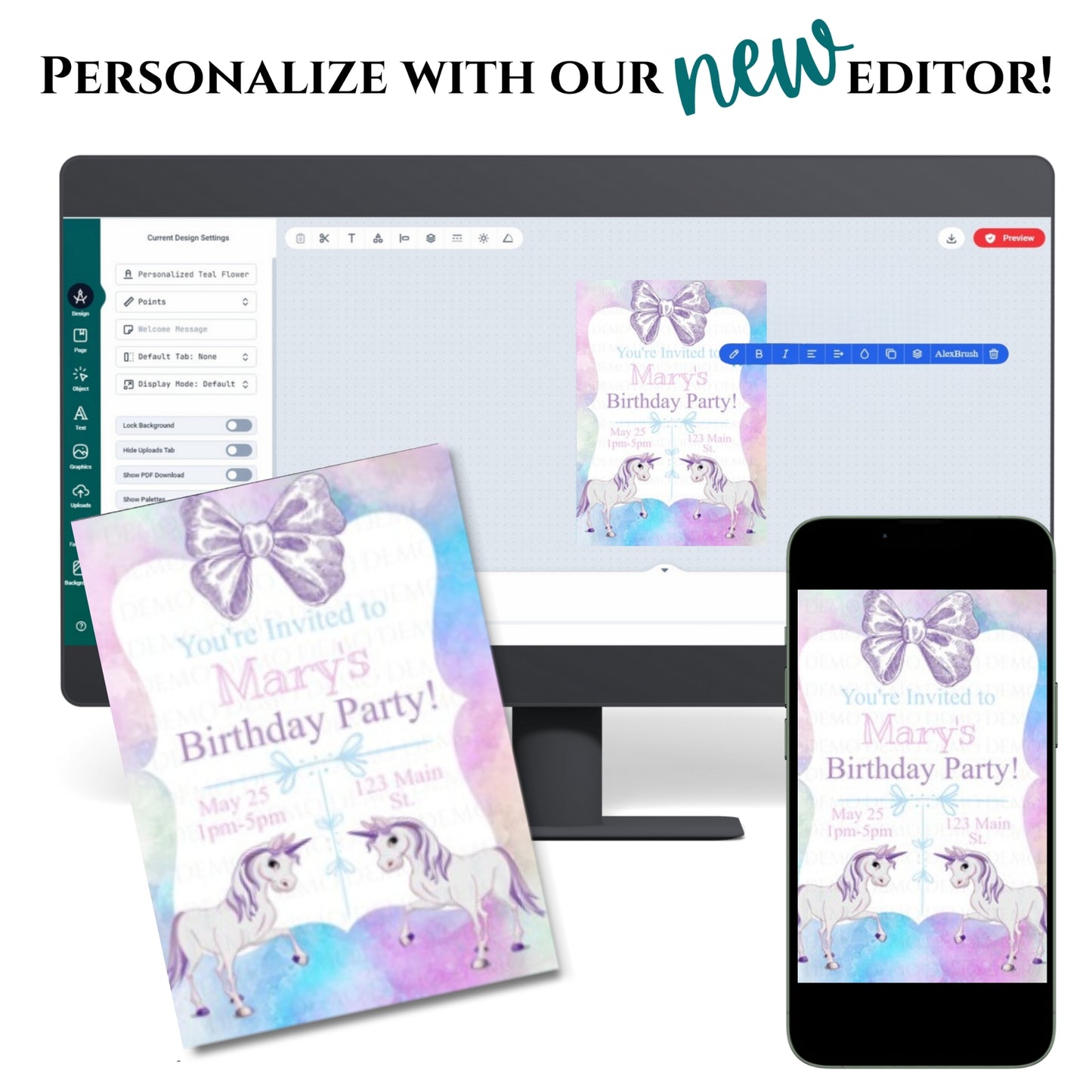 Personalized Unicorn Theme W A Bow Invitation