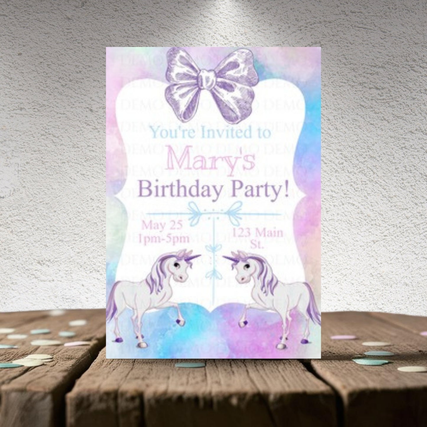 Personalized Unicorn Theme W A Bow Invitation