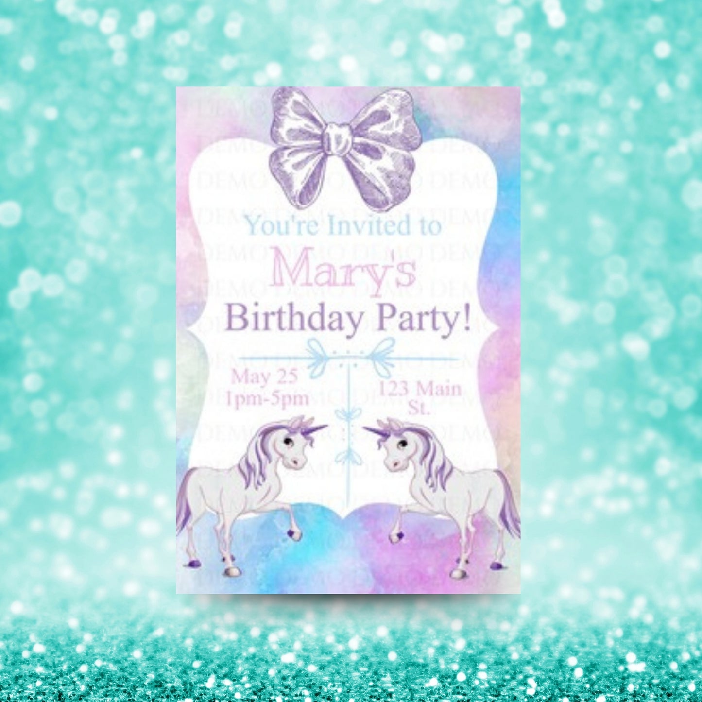 Personalized Unicorn Theme W A Bow Invitation