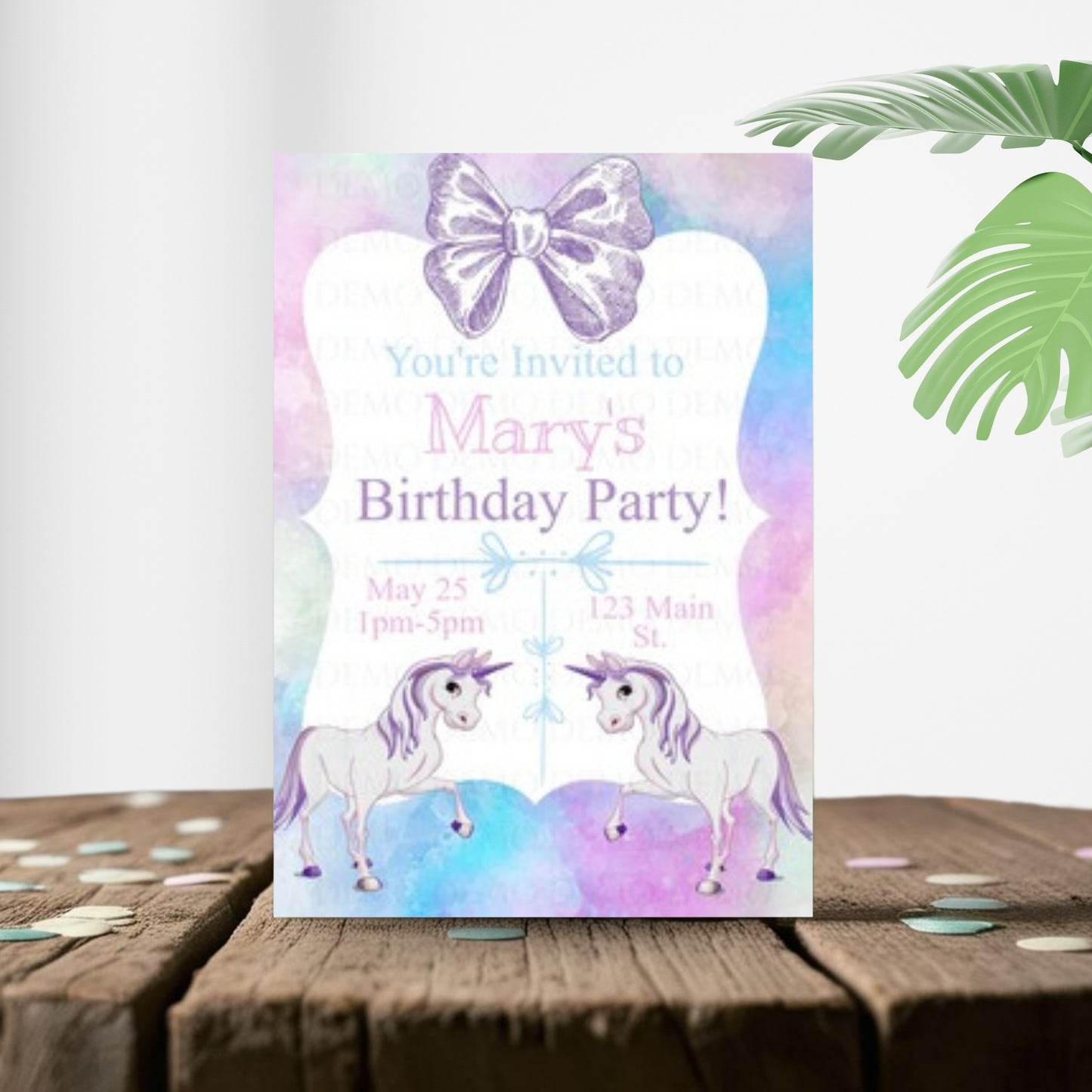 Personalized Unicorn Theme W A Bow Invitation