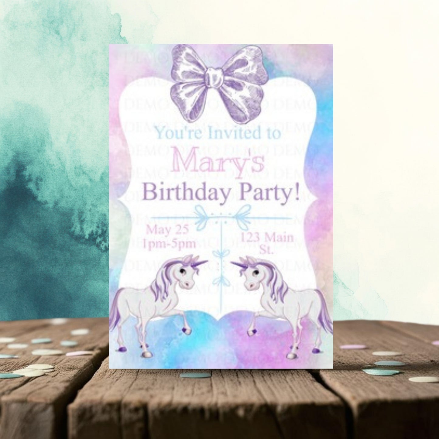 Personalized Unicorn Theme W A Bow Invitation