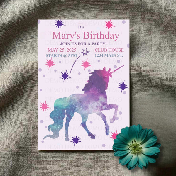 Personalized Unicorn Themed Birthday Invitation