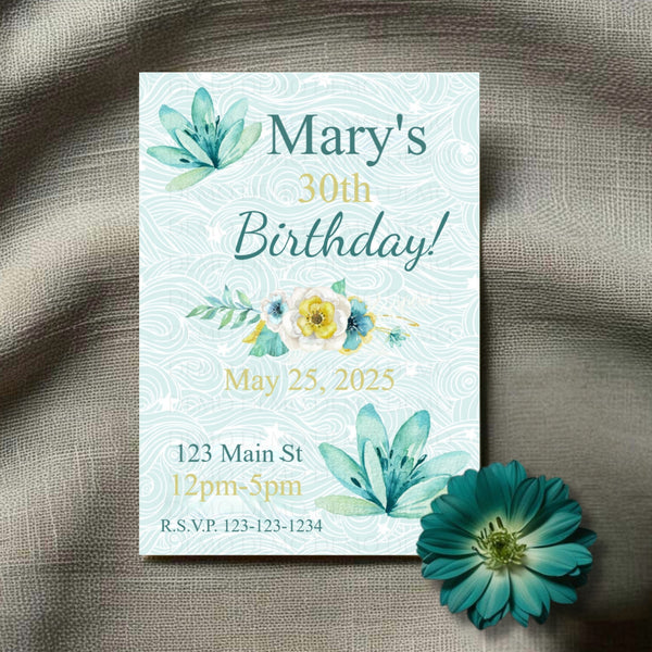 Personalized Teal Flower Milestone Birthday Invitation