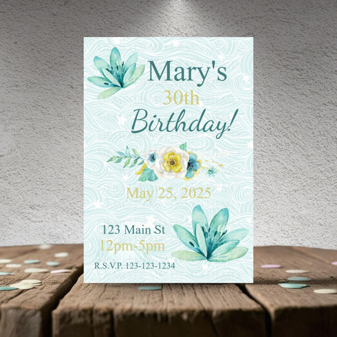 Personalized Teal Flower Milestone Birthday Invitation