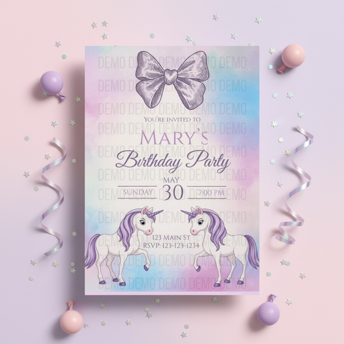 Personalized Unicorn Birthday Invitation with Bow – Editable Template