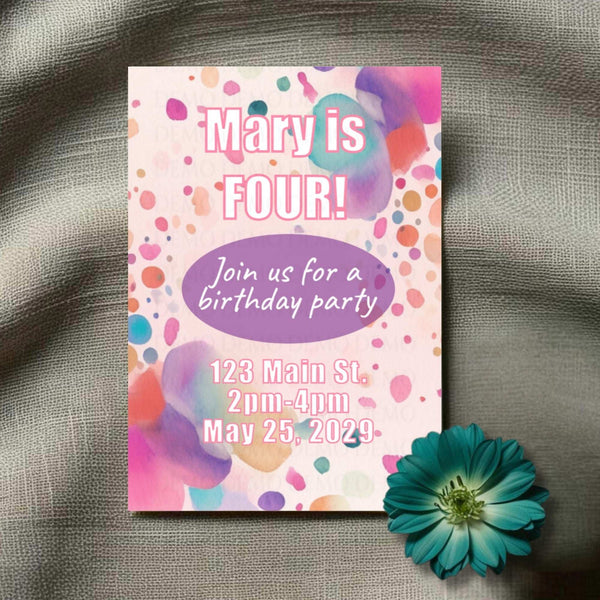 Birthday party invitation with colorful polka dots and a flower on a textured surface