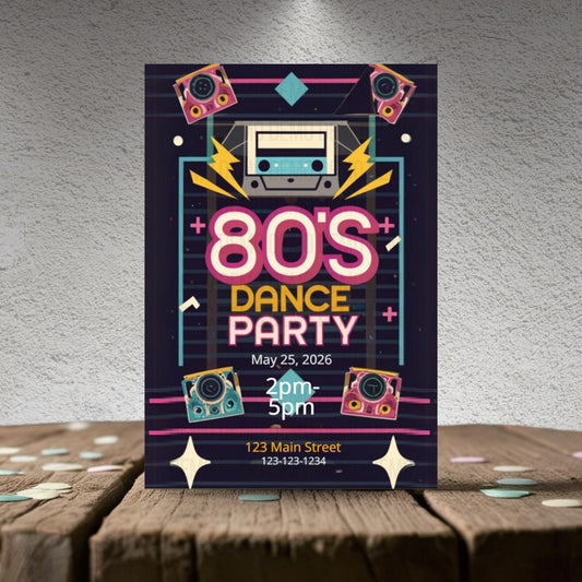 80s dance party poster on a wooden surface with a textured wall background