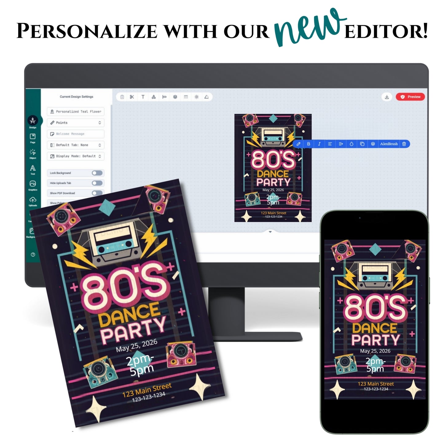 80s Dance Party flyer on a computer screen with text 'Personalize with our new editor'.