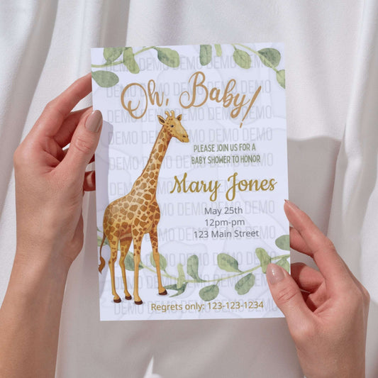 Rustic Chic Baby Shower Invitation with Giraffe and Greenery – Personalized Invite