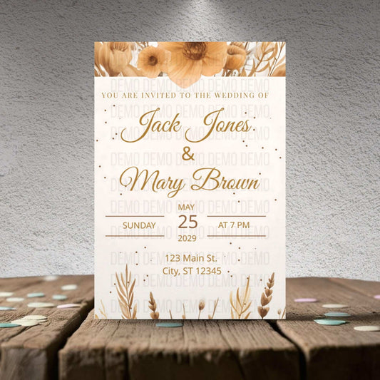 Wedding invitation card with floral design on a wooden surface and gray textured background