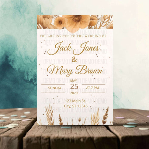 Wedding invitation card with floral design on a wooden surface