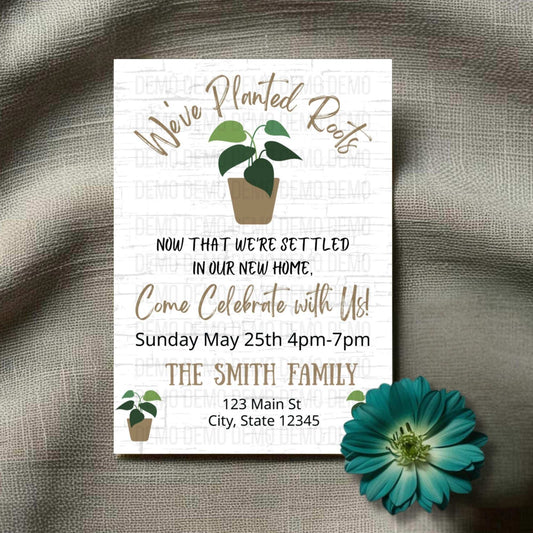 Invitation card for a new home celebration with plant-themed design on a textured surface.