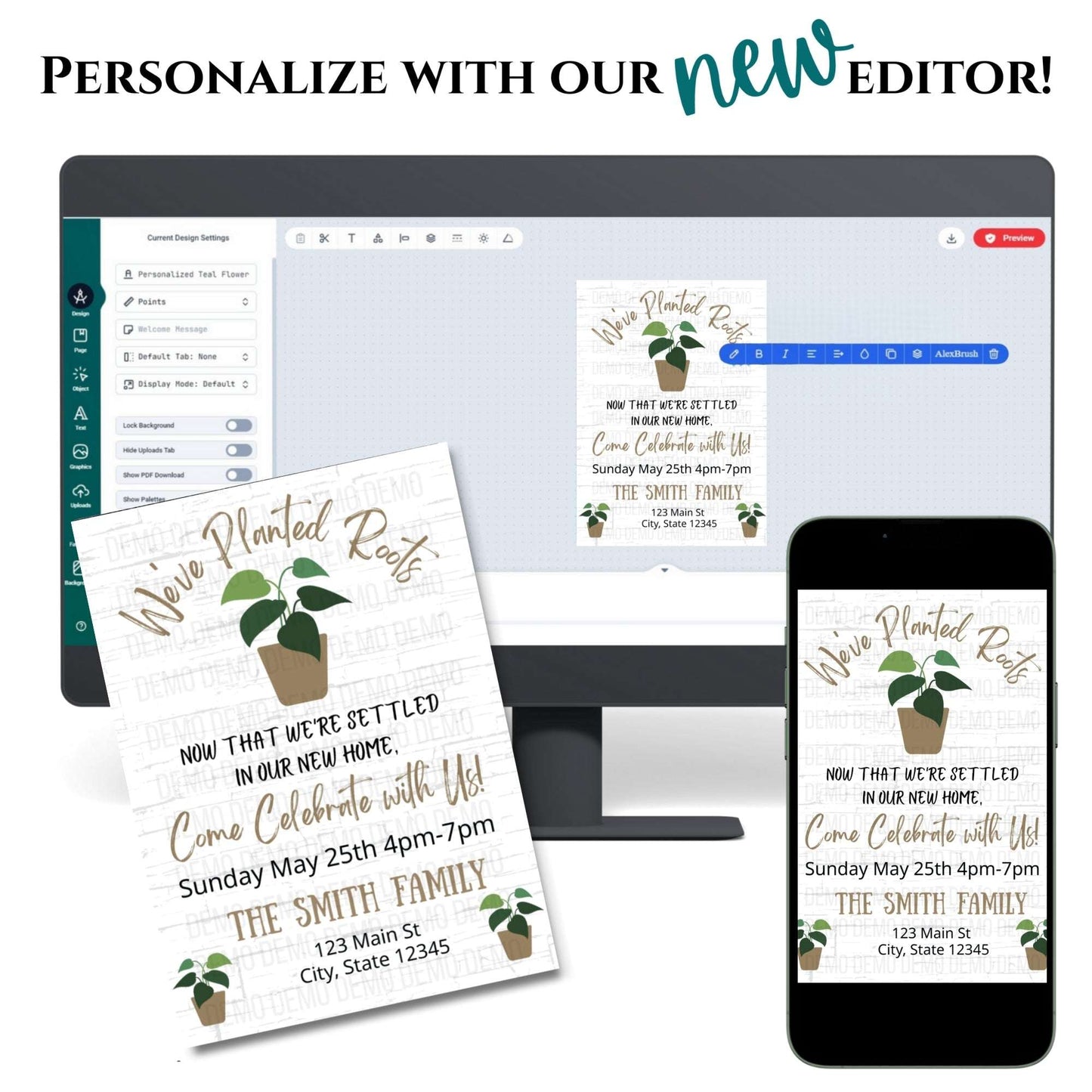 New editor for personalizing invitations displayed on a computer and phone screen.