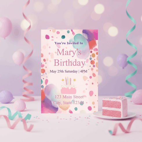 Birthday invitation card with colorful balloons and a slice of cake on a decorative background.