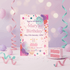 Birthday invitation card with colorful balloons and a slice of cake on a decorative background.