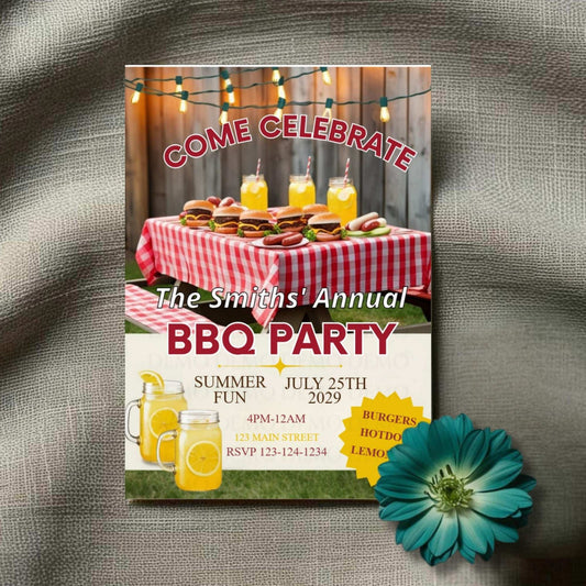 Invitation card for a BBQ party with burgers, hot dogs, and lemonade on a checkered tablecloth.