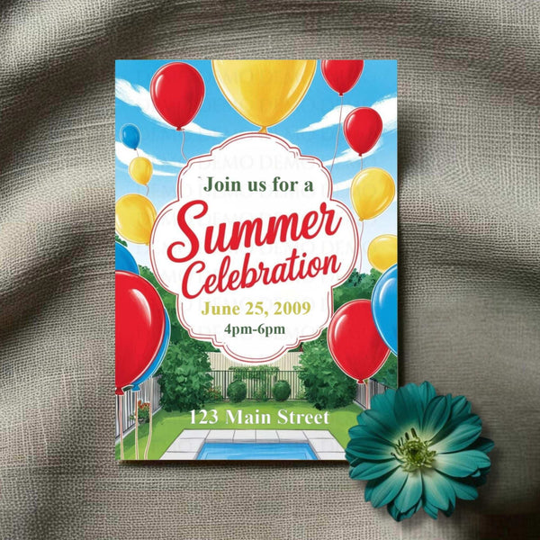 Summer celebration invitation with balloons on a textured surface with a flower.