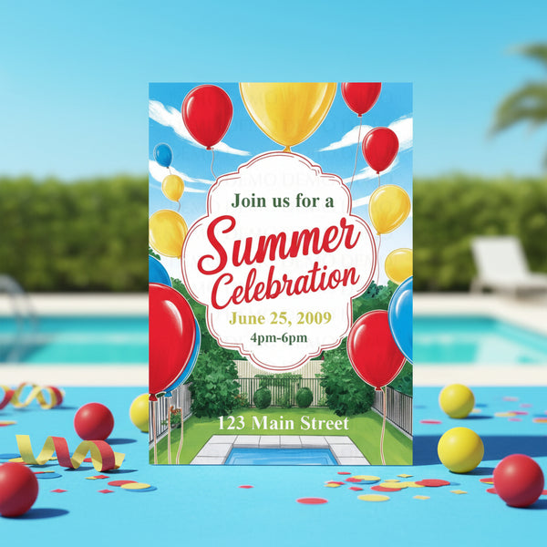 Summer celebration invitation with balloons and pool in the background