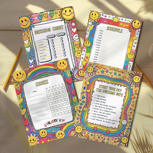 Sunny Day Kids Printable Bundle – Chore Chart, Daily Schedule, Teeth Brushing Chart & Affirmation Page