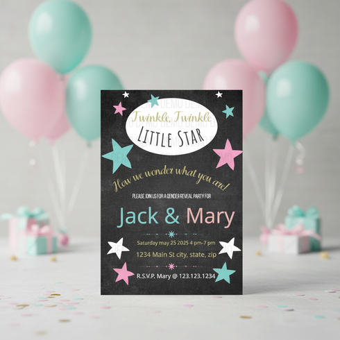 Invitation card for a baby shower with balloons and gifts in the background