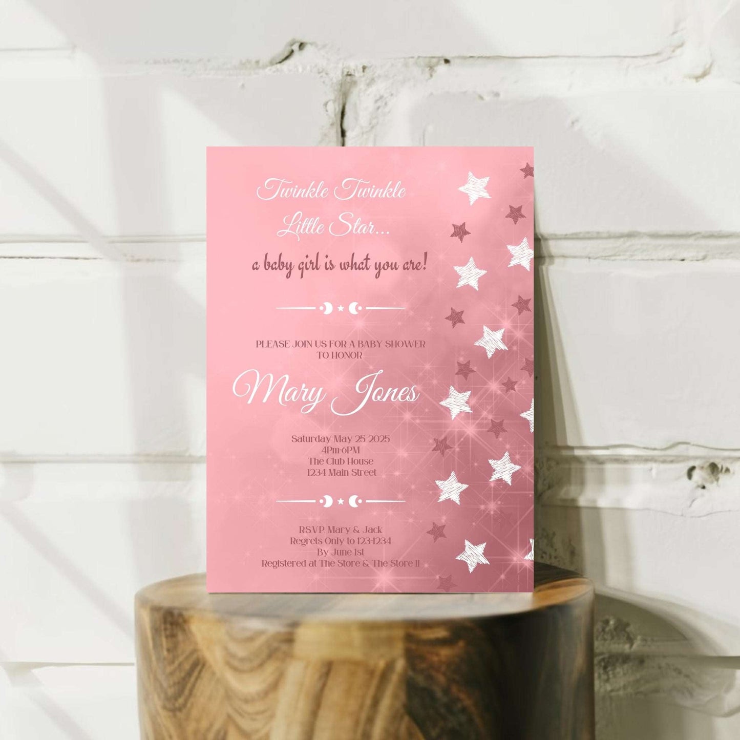 Twinkle Star Girl Baby Shower Personalized Invite