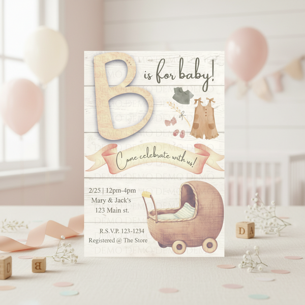 Vintage Baby Shower Invitation with Wooden Baby Carriage – Classic Baby Shower Invite