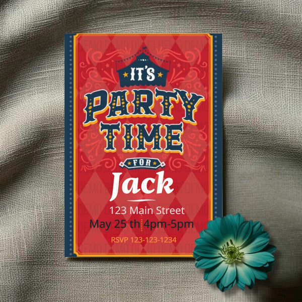 Party invitation card for 'It's Party Time for Jack' on a textured surface with a flower.