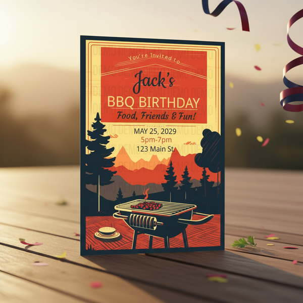 Invitation card for Jack's BBQ Birthday with a grill and mountain design on a wooden surface.