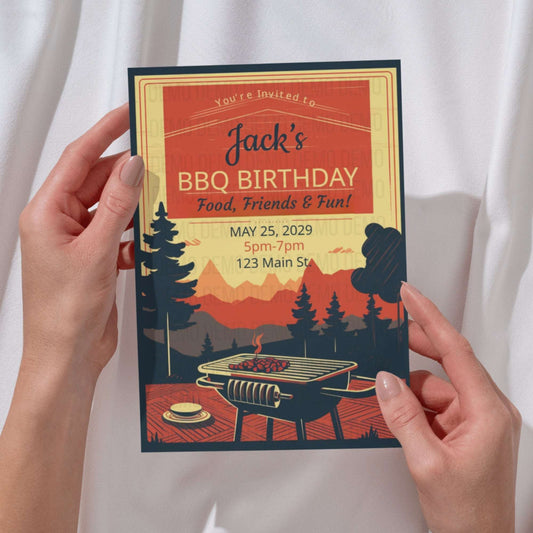Vintage Style BBQ Birthday Invitation – Food, Friends & Fun Party Invite