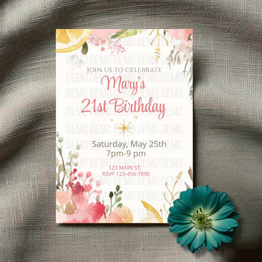 Invitation card for a 21st birthday celebration with floral design on a textured surface.