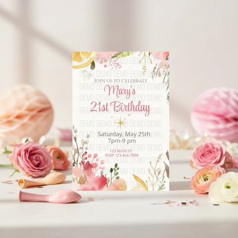 Whimsical 21st Birthday Invitation with Watercolor Flowers – Custom Party Invite