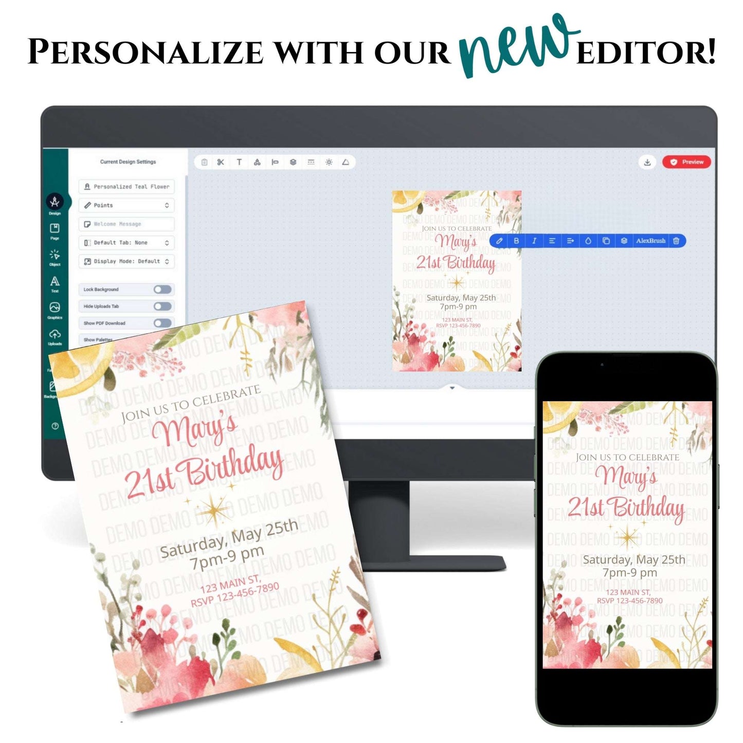 Floral birthday invitation on a computer screen, phone, and paper with text 'Personalize with our new editor'.