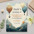 Birthday party invitation with hot air balloons and mountains on a light gray background