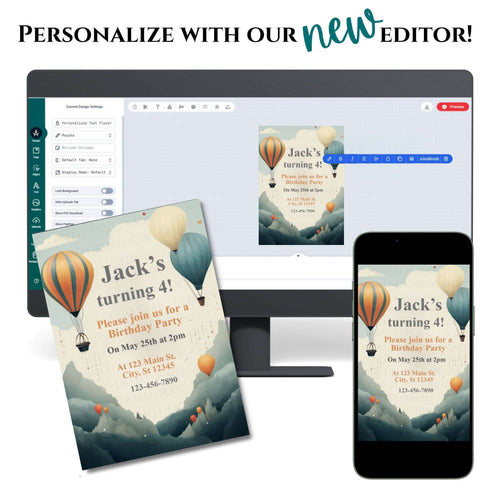 Birthday party invitation with hot air balloons on a computer screen, tablet, and phone.