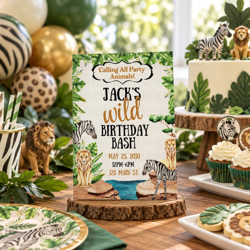 A safari-themed birthday party invitation card reading 'Jack's Wild Birthday Bash' is displayed on a wooden stand at a decorated party table with zebra and lion figurines, cupcakes, plates, balloons, and a cake in the background.