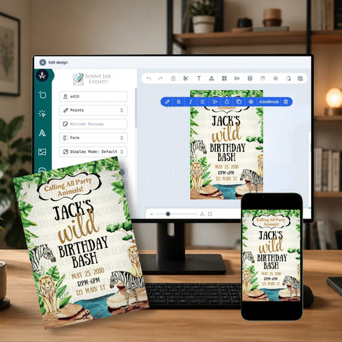 A digital birthday party invitation template shown on a desktop monitor and smartphone, with a printed version displayed in front on a desk. The design features a jungle theme with zebra, giraffe, and elephant illustrations, green foliage, and gold and black text reading 'Jack's Wild Birthday Bash'.