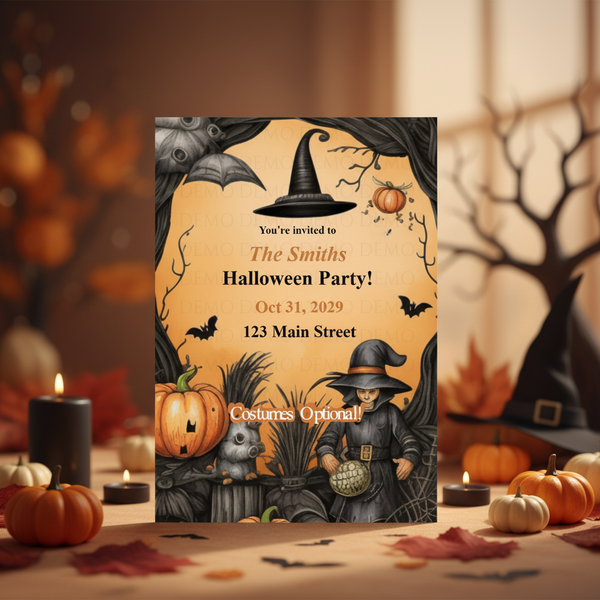 Halloween party invitation with pumpkins, witches, and bats on a table with decorations.