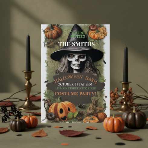 Halloween-themed party invitation with pumpkins and a skull design on a decorative table.