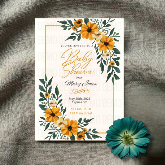 Baby shower invitation with yellow flowers on a textured surface