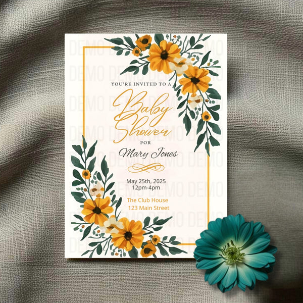 Baby shower invitation with yellow flowers on a textured surface