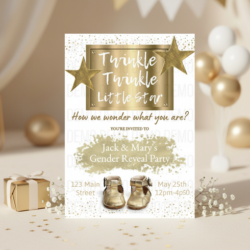 Gender reveal party invitation with gold text and decorations on a neutral background