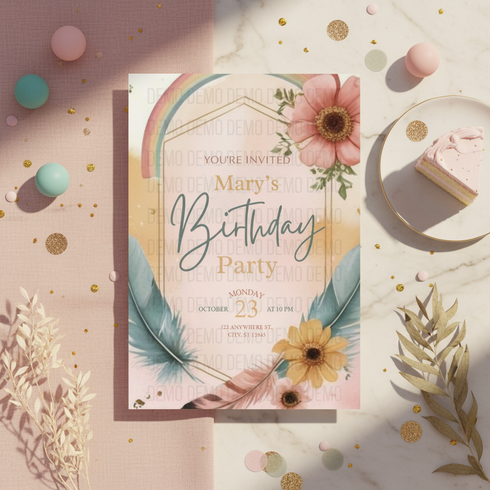 Modern Boho Birthday Invitation Template | Editable Digital Invite