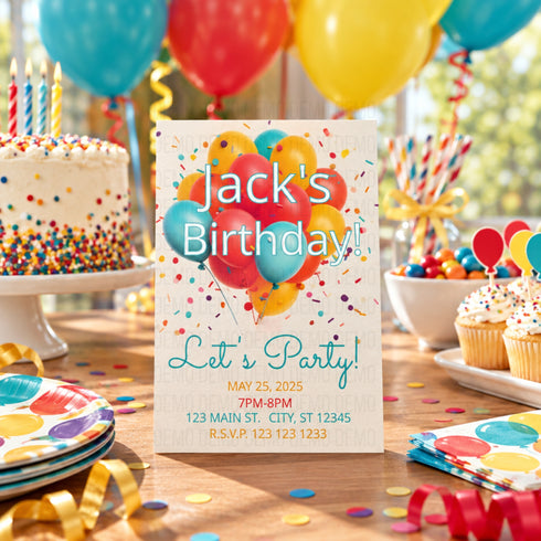 A colorful birthday invitation card standing on a decorated party table, surrounded by balloons, cupcakes, plates, and confetti. The card reads 'Jack's Birthday! Let's Party!' with event details below.