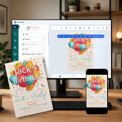 A digital invitation template shown on a desktop monitor and smartphone, with a printed card version placed in front on a desk. The design features colorful balloon graphics and confetti on a cream background, with the text 'Jack's Birthday' and event details.
