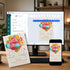 A digital invitation template shown on a desktop monitor and smartphone, with a printed card version placed in front on a desk. The design features colorful balloon graphics and confetti on a cream background, with the text 'Jack's Birthday' and event details.