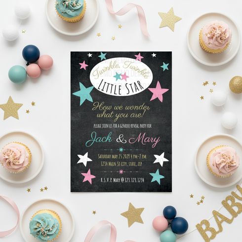 A styled flat-lay of a 'Twinkle, Twinkle Little Star' gender reveal party invitation card in the center, surrounded by cupcakes on small white plates, gold and pink balloons, white and pink ribbons, and gold star confetti on a white background.