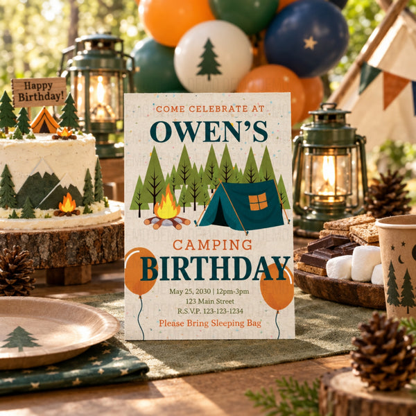 A camping-themed birthday invitation card is displayed on a rustic outdoor table setting. The card features illustrations of a teal tent, green pine trees, and an orange campfire on a light beige textured background.