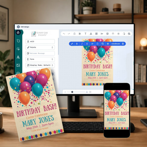 A digital birthday party invitation template shown on a desktop monitor, with the same design displayed on a smartphone and a printed card in front, set on a desk in a home office environment.