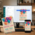 A digital birthday party invitation template shown on a desktop monitor, with the same design displayed on a smartphone and a printed card in front, set on a desk in a home office environment.