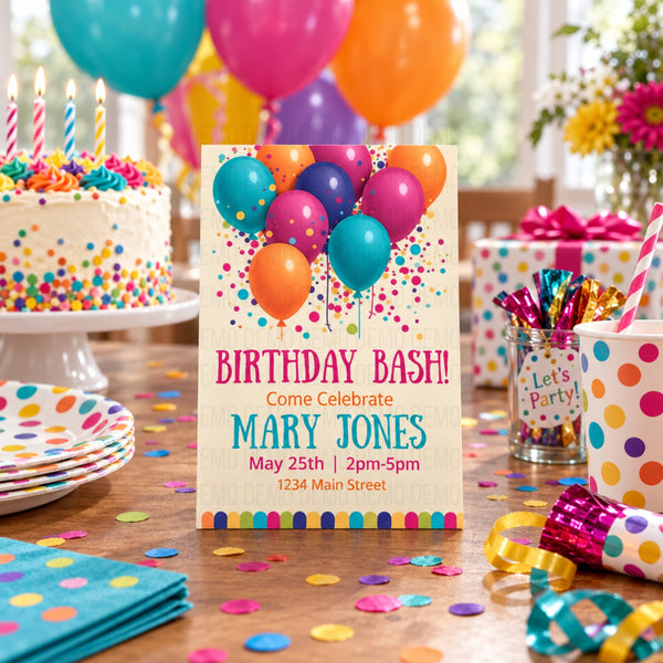 A colorful birthday party invitation card reading 'BIRTHDAY BASH! Come Celebrate MARY JONES May 25th | 2pm-5pm 1234 Main Street' is displayed on a decorated party table with balloons, cake, plates, cups, and confetti.